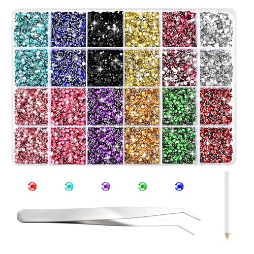 NACHLYNN 35700 Stück Strass Set aus Kunstharz 12 Farben Flache Rückseite Runde Jelly Strasssteine Mit Pinzetten 2-6 mm Schillernde Nicht Hotfix Kristall Edelsteine
