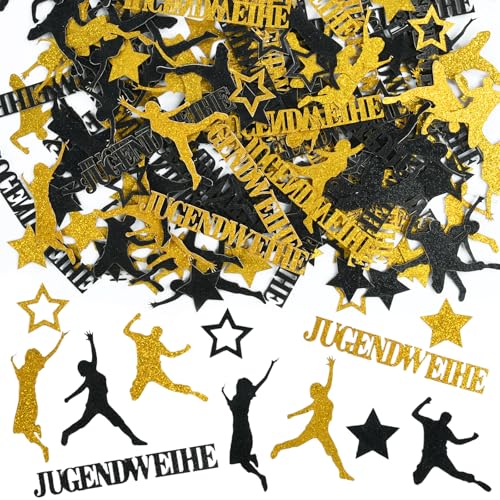 100 PCS Jugendweihe Deko, Jugendweihe Deko Konfetti, Konfetti Jugendweihes, Jugendandacht Dekorieren Mit Figuren- und Sternenmuster - Streudeko Tischdeko Jugendweihe Schwarz Gold