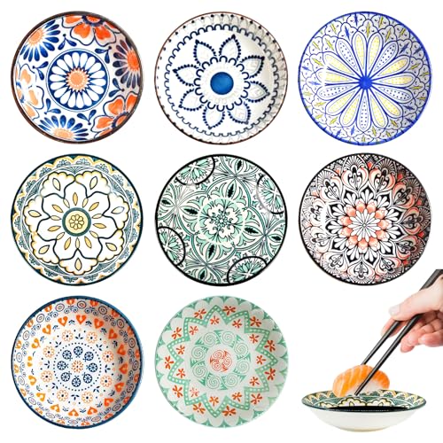 BORDEAG 8 Pcs Dessertschalen Keramik, Tapas Schalen, Gewürzschalen Klein, Dipschalen Porzellan, Servierschalen Set Flach Keramik Dipschalen, Dipschälchen Kleine （Zufälliger Stil） (Natur)