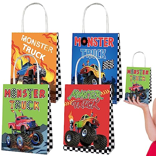 4 Stück Monster Truck Papier Geschenktüten Süßigkeiten Beutel Mitgebsel Tüten mit Griff Monster Truck Mottoparty Geschenktüten für Mädchen Jungen Kindergeburtstag,Giveaways,Party Dekorationen