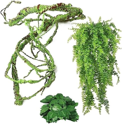 Kathson 3 PCS Reptilien Reben Pflanzen Flexible Biegbare Dschungel Klettern Vine Kunststoff Pflanze Blätter Pet Tank Habitat Dekor für Bartagamen Geckos Schlangen Frösche und mehr Reptilien