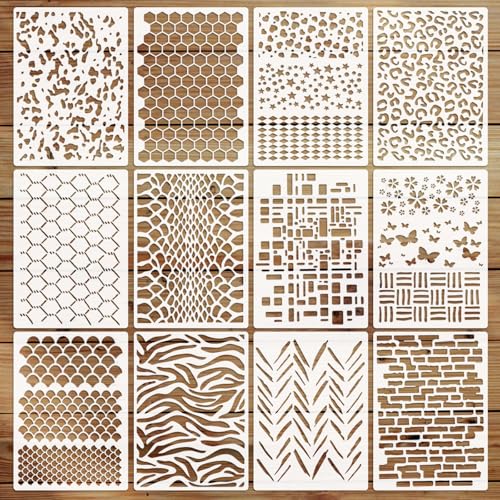 EAPIKON 12stk Geometrie Schablone Malen, Wiederverwendbar Zeichenschablonen für Acryl-Malerei Art Deko, Texturmalerei-Vorlagen für Holz Wände Leinwand Möbel DIY-Bastelprojekte, A4-Format