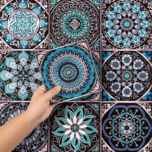 Hode Fliesenaufkleber Klebefliesen Küche Bad 15x15 Blau 50 Stück, Selbstklebende Fliesen Wand Fliesenfolie Wasserfest Haftstark
