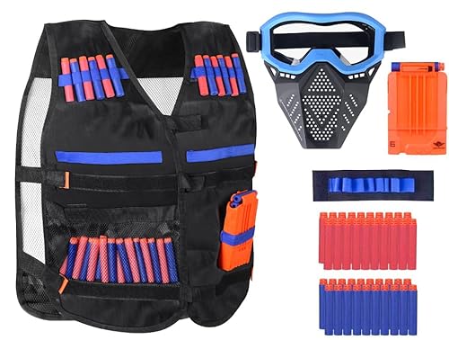 OFUN Taktische Weste für Kinder 44pcs, Taktische Jacke Set für Nerf Guns N-Strike Elite beinhaltet Weste mit 40Pcs Darts Bullets 1 Nerf Weste 1 Schnellverschlussclips 1 Gesichtsschutz 1 Armband