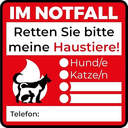 Aufkleber Hinweis Feuerwehr „Notfall Haustiere“ Folie selbstklebend individuell beschriftbar | 5-40 cm Made in Germany, Größe: 10x10cm
