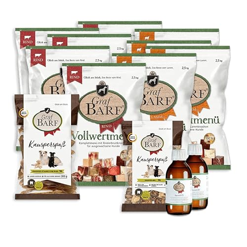 GRAF Barf Vollwertpaket Mix (5xGraf Barf Vollwertmenü Rind, 4xGraf Barf Vollwertmenü Lamm, 2xGraf Barf Spezial-Öl, 1xKnusper Mix, 1xKnusperstange)