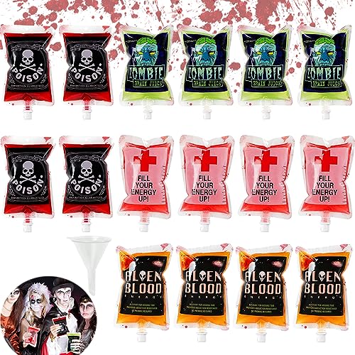 Seasboes Halloween Trinkgefäß Blutbeutel, 16 Stück Blutspendebeutel, Getränkebeutel, Blutbeutel für Getränke, Cosplay Requisiten mit Spritze Clips Blutart Aufkleber für Halloween Cosplay Zombie Party