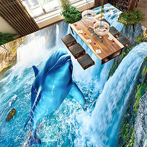 SABORR Wasserdichte PVC selbstklebende 3D-Bodentapete Wasserfall Delphin Meerwasserbad Küche wasserdichte Bodenfliese Wandbild Aufkleber