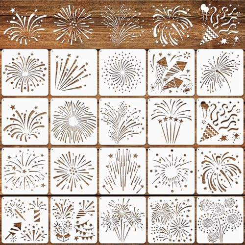 MWOOT 20 Stück Feuerwerks Schablone Stencils,Malerei Schablonen Set,Painting Stencils Malerei Vorlage Zubehör Wiederverwendbare Zeichenschablone für DIY Kartenbasteln Wand Heim Dekor(15x15CM)