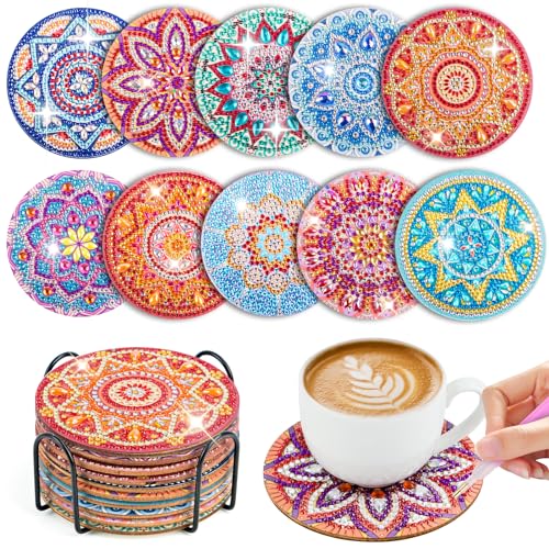 10 Stück Diamond Painting Untersetzer Mit Halter, Diamant Tassenuntersetzer, Diamond Painting Erwachsene zum Basteln,DIY Mandala Untersetzer rutschfest für Anfänger, Erwachsene & Kinder