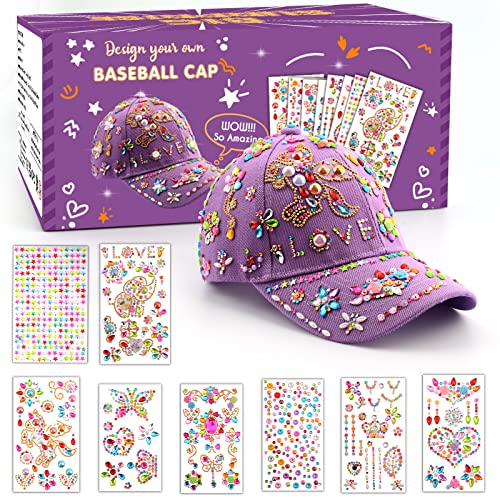 Geschenke für Mädchen DIY Baseballkappe, Hut Selbst Gestalten mit Edelstein Aufklebern, Ostern Schulanfang Geburtstag Geschenk Mädchen 4 5 6 7 8 9 10 11 12 Jahre, Baseball Cap Bastelset für Kinder