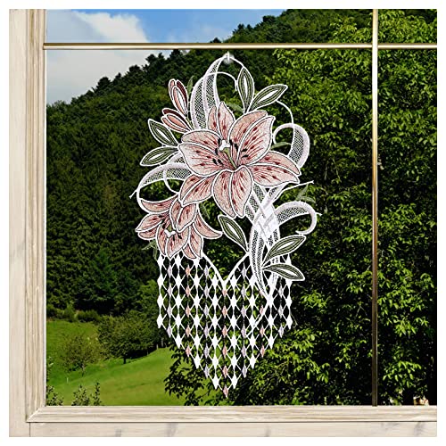 DSD Design-Studio Drechsler Fensterbild Leila mit Lilie rosa aus Plauener Spitze mit Blumen-Motiv Fensterdeko 33 x 18 cm