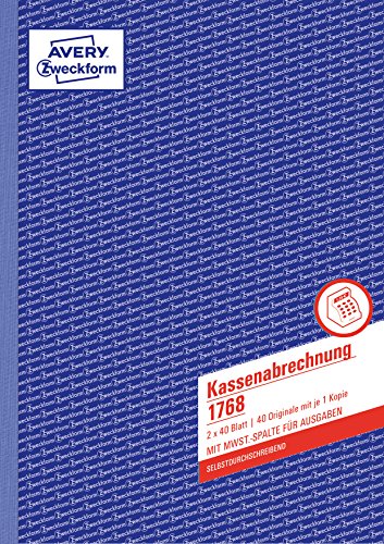 AVERY Zweckform 1768 Kassenabrechnung (A4, 2x40 Blatt, selbstdurchschreibend, MwSt.-Spalte für Ausgaben, von Rechtsexperten geprüft, für DE/AT, zur ordnungsgemäßen Buchführung) weiß/gelb