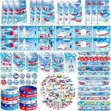 Flugzeug-Partygeschenke, 12 Geschenktüten, 12 Mini-Notizblöcke, 12 Gummi-Armbänder, 50 Aufkleber, 12 zusammenbaubare Aufkleber, 12 Knopf-Abzeichen, 12 Slap-Armbänder für Flugzeug-Party, Babyparty, 122