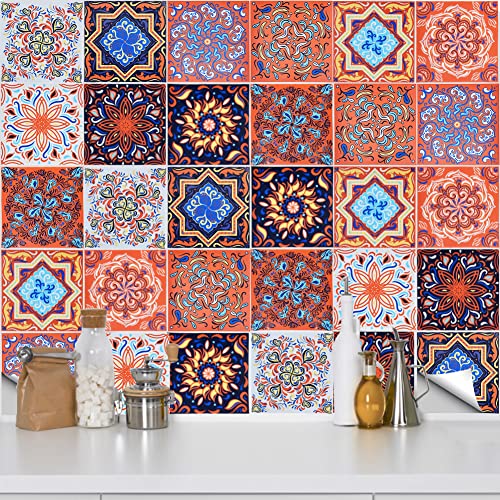 QUCUMER 30 Stück Fliesenaufkleber 15x15CM Klebefliesen Bunt Fliesen Sticker Selbstklebend Fliesensticker Fliesenfolie Wasserfest Mosaikfliesen Marokkanischer Fliesen Aufkleber für Küche Bad Deko