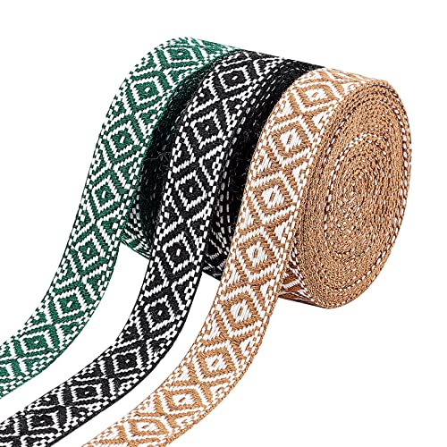 WADORN 3 Farbiger 7/8-Zoll-Jacquard-Bandbesatz, 15 Yards Boho Bestickter Spitzenbesatz Vintage Geometrisches Gewebtes Band Stoff Schrägband DIY Kleidung Strohhut Tasche Nähen Handwerk Zubehör