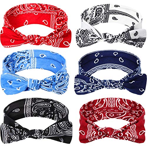 6 Stück Paisley Stirnbänder Boho Bogen Bandana Knoten Kopfbedeckung Retro Blume Gedruckt Elastische Kaninchen Ohr Haarband für Mädchen und Damen (Paisley Stil 1)
