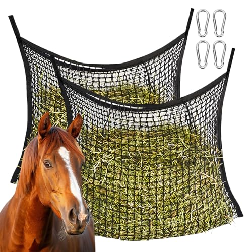 Heunetz für Pferde 90x60cm, 2 Stück Heunetz Heusack für Pferde, Heunetz Maschenweite 3 x 3cm, Heunetztasche mit 4 Karabinerhaken, Heutasche Schwarz, Engmaschig Heusack, Pferdeheunetz, Füllmenge 8 kg