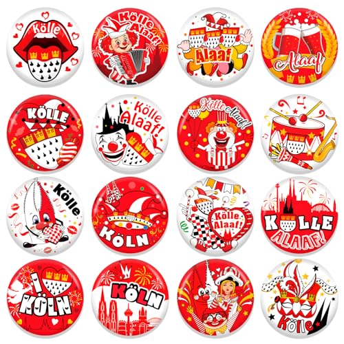 HOWAF 16 Stück Buttons Karneval Köln Accessoires, Köln Karneval Buttons Anstecker, Kölle Alaaf Button Pins, Clown Rot Weiß Köln Buttons für Karneval Kostüm Köln, Faschingskostüme, Fasching Kostüm