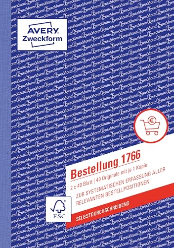 AVERY Zweckform 1766 Bestellung (A5, 2x40 Blatt, selbstdurchschreibend mit farbigem Durchschlag, zur systematischen Erfassung aller relevanten Bestellpositionen) weiß/gelb