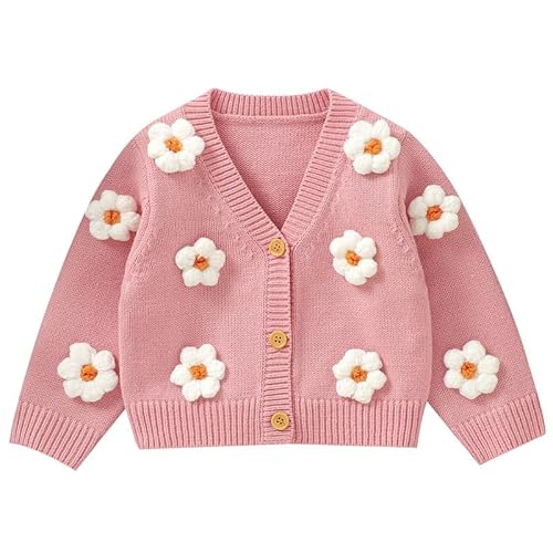 LAWKUL Baby Kleinkind Mädchen Strickjacke Warmer Pullover Florale Langarmsprunger Schichten Strickkleidung 2-3 Jahre Rosa