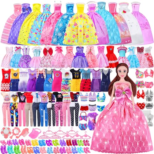 110+ Teiliges Kleidung Schmuck Zubehör für Puppen,5 Partykleider + 11 Fashion Kleider Jahren + 2 Hosen + 1 Tops + 2 Badeanzüge,10 Paar High Heels,40 Kleiderbügel,1 Hut,Enthält Eine 11,5 Zoll Puppe