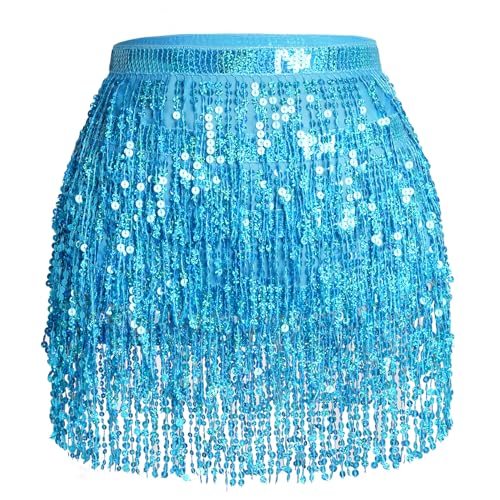 Glitzer Damen Rock Pailletten Bauchtanz Kostüm Mini Cowgirl Tanzkleid Rave Outfit Hüfttuch für Damen und Mädchen (DE/NL/SE/PL, Alphanumerisch, M, Regular, Blau)