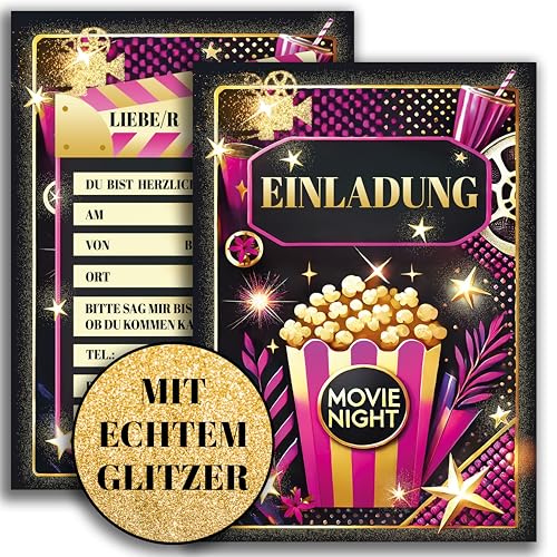 10x Glitzer Einladungskarten Kinokarten Kinobesuch Kino Karte Mädchen Frauen Glitzer Filmabend Geburtstag Einladungskarte Feier 10x15cm Kinder und Erwachsene Movie Night Kindergeburtstag Pink Gold