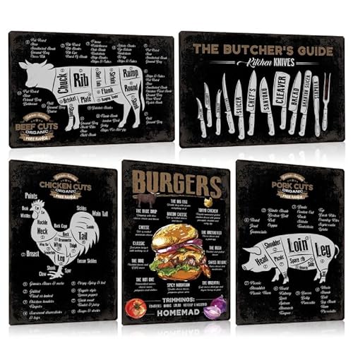 5er Set Blechschilder Retro Essen 20x30cm - BURGERS REZEPTE - BUTCHER GUIDE - BEEF CHICKEN PORK CUTS - Metall-schild grillen Deko für Restaurant Küche Wanddekoration
