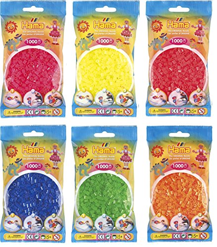 Hama Happy Price Toys Midi Bügelperlen (Kon-5) Konvulut 6X Neon Farben (Neon Gelb,Neon Rot,Neon Fuchsia,Neon Blau,Neon Grün,Neon Orange) Bügelanleitung mit 3 Design Vorlagen