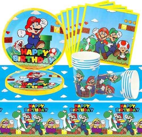 Super Mario Partygeschirr Set, 41Pcs Mario Geburtstag Geschirr Kit, Super Mario Party Deko, Partyzubehör mit Teller, Becher, Tischdecke, Servietten