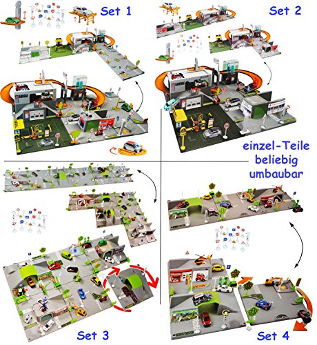 alles-meine.de GmbH XL 3-D Spielmatte - Straße mit Parkhaus - UMBAUBAR - 4 Teile mit Brücke - 1/64 - Feuerwehrstation - Tunnel - Tankstelle - Krankenstation - Waschanlage - A..