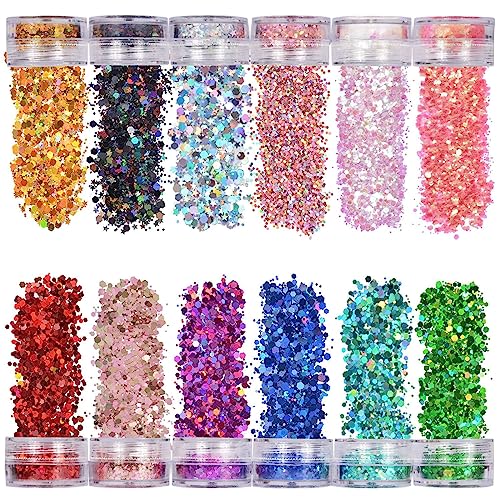Festival Glitzer Gesicht für Festliche Verkleidungen, 12 Farb-Set Body Glitter für Nagelkunst und Körper, Haare, Kleidungsdekoration, Feminine Make Up Pailletten und Zubehör
