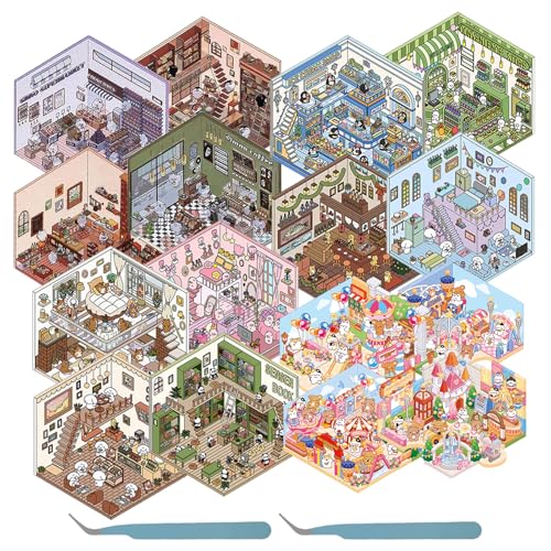 16 Stück DIY 3D House Stickers, dekorative 3D-Aufkleber für Miniaturhäuser, lustige Aufkleber für die Szene für kleine Zimmer, Blumenhaus, Café, Bakery, Bibliothek (16 Stück)