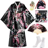 PLULON 5 Stück japanische Kimono-Robe, Geisha-Yukata-Kleid, Pfauenblüten-Satin-Bademantel mit Zubehör für Damen
