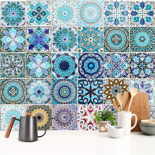 30 Stück Bunt Fliesenaufkleber, 15×15CM Mosaik Küche Wandaufkleber,DIY Marokkanischer Fliesenfolie für Badezimmer,Wandfliese Aufkleber Fliesensticker,Wasserdicht Selbstklebende Treppenaufkleber