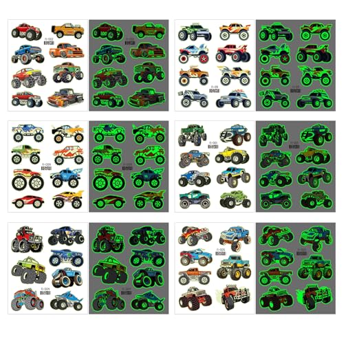 Qpout 12pcs Glow In The Dark Monster Truck Temporäre Tattoos für Kinder, Leuchtende Rennwagen Truck Räder Gefälschte Tattoo Aufkleber für Jungen Geburtstagsfeier Gastgeschenke Zubehör