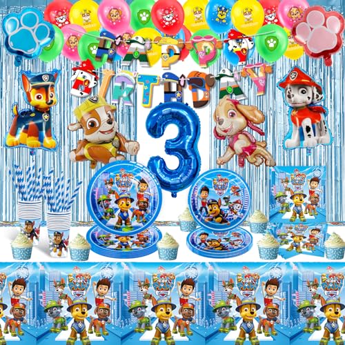 WD2 109PCS Dog Pappteller Kindergeburtstag+Geburtstag Deko, Geburtstag Geschirr Set, Tortendeko Geburtstag, Becher Servietten Tischdecke Set Partygeschirr Geburtstag Kindergeburtstag für 20 Personen