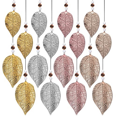 Towviy 16 Stück Fensterdeko Blatt Anhänger Deko Metall Blatt Dekohänger frühlingsdeko herbstdeko Blätter Champagner Gold Silber Golden Kupfer mit Perle+Linie Fensterdeko Hängend für Zimmer(2 Groß)