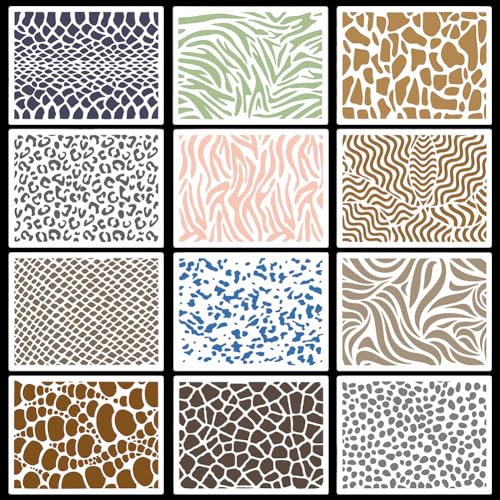 GORGECRAFT 12Stk Tierhaut-Vorlagen 21x15cm Leoparden-Malschablonen Zebra Gepard Milch Kuh Schlangenhaut Streifen Knisterstruktur Schablone Wiederverwendbare Zeichenvorlagen Für Holz Boden Dekor