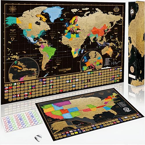 Rubbel Weltkarte + USA Karte – Set von 2 Poster inkl. Geschenkverpackung. Gold/Schwarz - Made in Europe