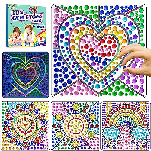 Weipbwor 4 Stück Sonnenfänger Kits für Kinder Diamant Fensterkunst Kunsthandwerk Sonne Regenbogen Herz Blume DIY Malerei Edelsteine Haftaufkleber Geschenke für Mädchen Jungen 6 7 8 9 10 11 12