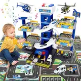 FORMIZON 5 Stockwerke Parkhaus für Kinder, Parkgarage Feuerwehr und Polizei mit Garage, Rampen, Aufzug, Tankstelle, Licht & Sound, Spielzeug Parkhaus mit 12 Autos und 3 Hubschrauber für Kinder (Blau)