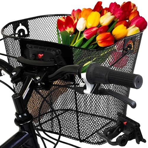 Retoo Fahrradkorb Vorne mit Lenkeradapter, Schnell klick Halterung, Fahrrad Korb mit Halterung, Lenkerkorb Fahrrad aus Feinmaschig, 34x24x27 cm, Vorderradkorb, Tragkraft als Einkaufskorb, Schwarz