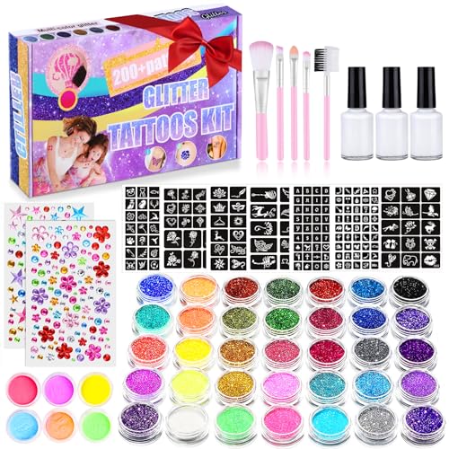 Glitzer Tattoo Set Kinder, Glitzertattoos Mädchen Temporäres, 41 Farben Glitzerpulver 215 Strasssteine 204 Schablonen 3 Kleber 5 Pinsel Wasserdichte Tattoos für Partys Geschenk für Kinder Weihnachten