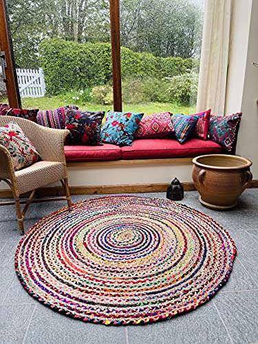 Second Nature Online - MISHRAN Großer Runder Geflochtener Teppich | Natürliche & Bunte Jute | Handgefertigt aus Recyceltem Material | Flache Flechtart | (Rechteckig: 150 cm Durchmesser)
