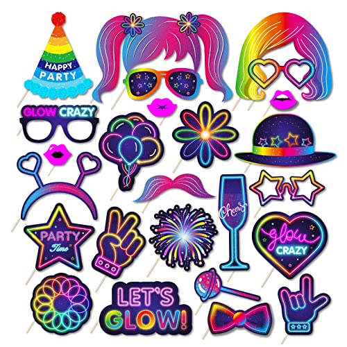 Fotobox Requisiten Neon Party Fotobox Accessoires Foto Booth Props mit Stick für Geburtstag, Karneval, Hochzeit,Weihnachtsparty, Disco Party Zubehör Deko Gadgets (Neon)