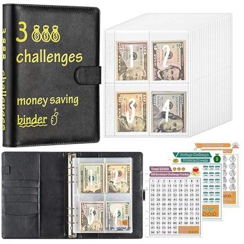 100 Envelope Challenge Binder,Challenge Budget Planer,Saving Binder Mit Challenge Tracker und Pre-numbered Taschen,Fun Way to Save,Budget Binder with Cash Envelopes for School,Home,Office (Schwarz)