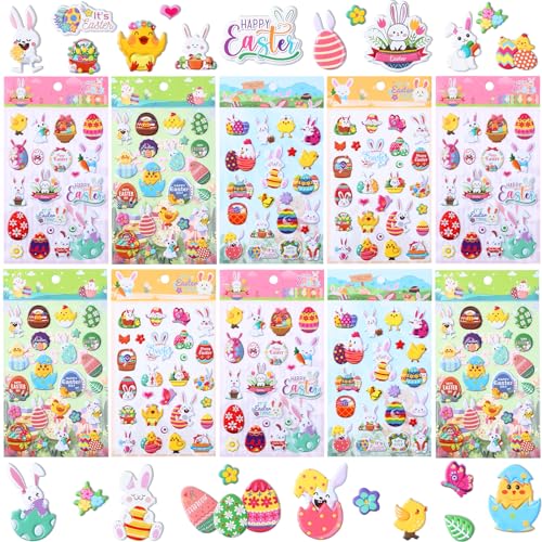 UPINS Ostersticker für Kinder, 10 Blatt 3D Osteraufkleber Niedliche Hasen Ostereier Sticker Schaum Ostern Sticker Dekorative Aufkleber für Ostern Partygeschenke Scrapbooking Kunsthandwerk Dekorationen