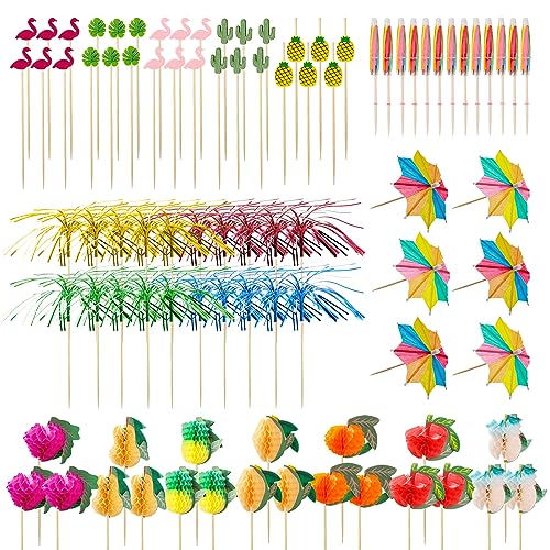 145 teiliges Cocktail Zubehör-Set, Cocktail Deko, Vielseitiges Partyzubehör mit bunten Cocktail Schirmchen und Bambusstock, Ideal für Sommerpartys und Geburtstagsfeiern